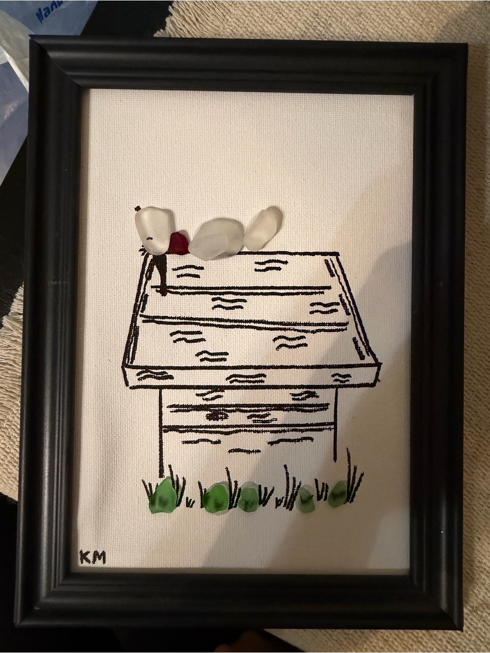 HANDMADE Framed 5x7 SNOOPY Sea Glass Art